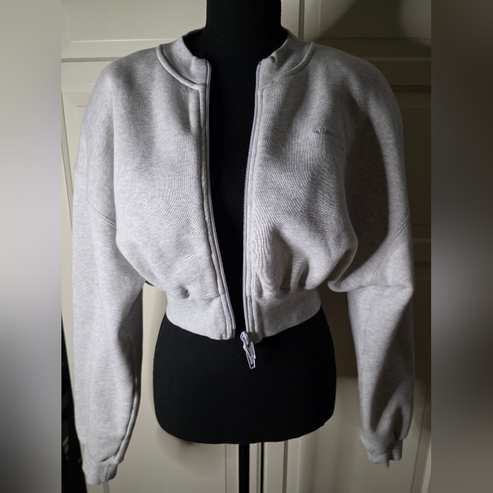 Alexander Wang T Cropped Zip Sweatshirt | Grey Logo Fleece | Size S